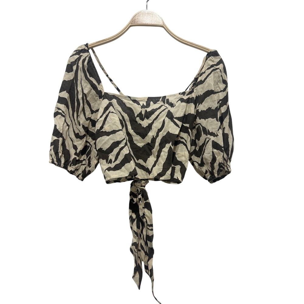 Halara Zebra Print Linen Cotton Blend Open Back Tie Cropped Top Medium NWOT